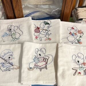 Hand Embroidered Mouse Tea Towels Set